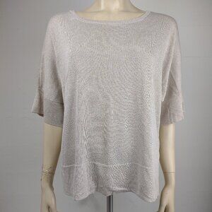 Donna Karan silver metallic round neck short sleeve knit top womens Medium
